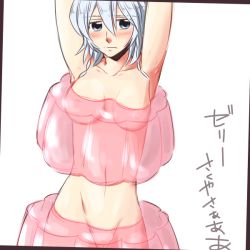 Rule 34 | 1girl, arms up, blue eyes, blush, braid, food, food as clothes, frown, in food, izayoi sakuya, mini person, minigirl, neko majin, nude, oversized food, oversized object, pudding, see-through, short hair, silver hair, solo, touhou, translated, twin braids, uncensored