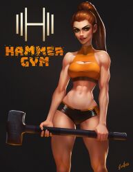 Rule 34 | 1girl, abs, breasts, cleavage, crop top, english text, evulchibi, freckles, green eyes, hammer, highres, long hair, looking at viewer, medium breasts, original, ponytail, red hair, signature, simple background, sledgehammer, solo, thick thighs, thighs, toned