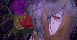 Rule 34 | 1boy, absurdres, covering own mouth, facing to the side, flower, gloves, grey hair, hair flower, hair ornament, highres, looking at viewer, mahoutsukai no yakusoku, male focus, owen (mahoutsukai no yakusoku), purple background, purple flower, red eyes, red flower, short hair, solo, watahoshi, yellow flower