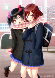Rule 34 | 10s, 2girls, ;d, bag, black hair, blush, bow, box, coat, gift, gift box, hair between eyes, hair bow, hand in pocket, heart, kazuharu kina, kneehighs, loafers, long sleeves, looking at viewer, love live!, love live! school idol project, multiple girls, nishikino maki, one eye closed, open mouth, outdoors, plaid, plaid scarf, purple eyes, revision, scarf, school bag, school uniform, shared clothes, shared scarf, shoes, short hair, shoulder bag, skirt, smile, socks, twintails, valentine, wavy mouth, wink, yazawa nico, yuri
