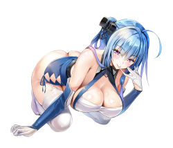Rule 34 | 1girl, ahoge, all fours, arm support, ass, azur lane, bare shoulders, bed, biting, blue hair, blush, breasts, butt crack, cleavage, clothes tug, dress, elbow gloves, garter straps, glove biting, gloves, gradient hair, hair between eyes, hair ornament, hair over shoulder, hair ribbon, half-closed eyes, highres, large breasts, leaning forward, long hair, looking at viewer, multicolored hair, no panties, no shoes, ponytail, purple eyes, ribbon, shiny skin, short dress, sideboob, sidelocks, simple background, sitting, smile, solo, st. louis (azur lane), thighhighs, thighs, tress ribbon, white background, white gloves, white thighhighs, youta