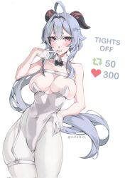 Rule 34 | 1girl, alternate costume, black bow, blue hair, blush, bow, breast strap, breasts, cleavage, collarbone, commentary, detached collar, english commentary, floating hair, ganyu (genshin impact), garter straps, genshin impact, gloves, hand on own hip, heart, heart o-ring, highres, horns, leotard, like and retweet, long hair, low ponytail, medium breasts, meme, metalkrot, nervous, pantyhose, parted lips, purple eyes, skindentation, smile, solo, thigh strap, twitter strip game (meme), twitter username, very long hair, white background, white gloves, white leotard, white pantyhose