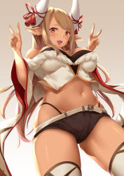Rule 34 | 1girl, bad id, bad pixiv id, bare shoulders, belt, black panties, black shorts, blonde hair, blush, breasts, brown eyes, cleavage, cowboy shot, crop top, dark-skinned female, dark skin, double v, draph, fur trim, gradient background, granblue fantasy, groin, hand gesture, hands up, highleg, highleg panties, horns, kumbhira (granblue fantasy), large breasts, long hair, looking at viewer, micro shorts, midriff, navel, open mouth, panties, pointy ears, shorts, smile, solo, standing, stomach, suzuame yatsumi, thighhighs, thighs, underwear, v, white thighhighs, wide sleeves