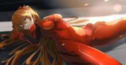 Rule 34 | 1girl, absurdres, almico, bodysuit, camera lens, commentary, commentary request, curvy, evangelion: 3.0 you can (not) redo, highres, long hair, looking at viewer, lying, multicolored bodysuit, multicolored clothes, neon genesis evangelion, orange bodysuit, orange hair, pilot suit, plugsuit, rebuild of evangelion, red bodysuit, solo, souryuu asuka langley, very long hair, wide hips