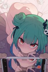 Rule 34 | 1boy, 1girl, ass, blush, breasts, cellphone, censored, double bun, earrings, erection, fellatio, green hair, hair bun, hair ornament, hair ribbon, hetero, highres, hololive, jewelry, kakure eria, kneeling, large breasts, looking at another, looking up, mosaic censoring, nude, oral, penis, phone, pov, red eyes, ribbon, short hair, sidelocks, skull hair ornament, solo, thighs, uruha rushia, virtual youtuber