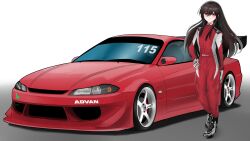 Rule 34 | 1girl, absurdres, black hair, blush, car, gloves, grey footwear, grey gloves, highres, japanese flag, jumpsuit, long hair, looking at viewer, manziqr, motor vehicle, nissan, nissan s13 silvia, nissan s15 silvia, nissan silvia, original, racing suit, red eyes, red jumpsuit, shadow, shoes, sidelocks, smile, sneakers, solo, spoiler (automobile), vehicle focus, very long hair, white background