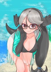 Rule 34 | 1girl, beach, bent over, black hair, breasts, brown eyes, california sea lion (kemono friends), cleavage, glasses, grey hair, kemono friends, large breasts, leaning forward, looking at viewer, notora, outdoors, sarong, see-through, solo, tail