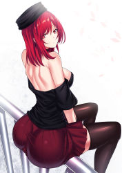 Rule 34 | 1girl, ass, back, bare back, bare shoulders, black choker, black hat, black shirt, black thighhighs, breasts, choker, commentary request, cross, cross earrings, earrings, feet out of frame, female focus, fence, from above, from behind, hair between eyes, hat, hecatia lapislazuli, highres, huge ass, jewelry, koissa, legs, long hair, looking at viewer, looking back, medium breasts, miniskirt, off-shoulder shirt, off shoulder, petals, pleated skirt, red eyes, red hair, red skirt, shirt, short sleeves, sideboob, simple background, sitting, sitting on fence, skirt, solo, thighhighs, thighs, touhou, white background, zettai ryouiki