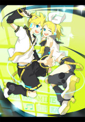 Rule 34 | 1boy, 1girl, bad id, bad pixiv id, blonde hair, blue eyes, brother and sister, kagamine len, kagamine rin, microphone, one eye closed, open mouth, ribbon, siblings, twins, utako, vocaloid, wink