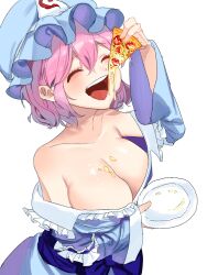 Rule 34 | 1girl, :d, blue hat, breasts, cleavage, closed eyes, eating, food, food on body, food on breasts, hat, highres, holding, holding food, holding plate, large breasts, long sleeves, mob cap, off shoulder, open mouth, pizza, plate, saigyouji yuyuko, simple background, smile, solo, touhou, triangular headpiece, vuluhappy, white background