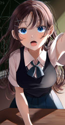 Rule 34 | 1girl, :o, absurdres, bad id, bad pixiv id, blue eyes, blue skirt, bow, bowtie, breasts, brown hair, chalkboard, collared shirt, commentary request, dot nose, forehead, frilled skirt, frills, hair behind ear, hair between eyes, hair ornament, hairclip, highres, indoors, long hair, looking at viewer, loose bowtie, lower teeth only, mahiru yura, medium breasts, open mouth, original, outstretched arm, shadow, shirt, short sleeves, skirt, solo, table, teeth, tongue, white shirt, white sleeves, wide sleeves, x hair ornament