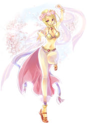 Rule 34 | 1girl, anklet, arabian clothes, belly chain, blonde hair, bracelet, breasts, cleavage, dancer, dancer (ragnarok online), gypsy, harem outfit, harem pants, jewelry, lots of jewelry, midriff, pants, pink eyes, ragnarok online, sandals, solo