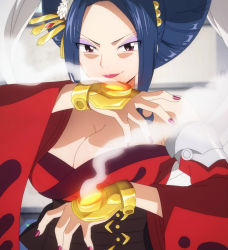 Rule 34 | 1girl, anime screenshot, bare shoulders, blue hair, breasts, cleavage, eden&#039;s zero, eyeshadow, hair ornament, highres, japanese clothes, kimono, kurenai kogetsu, large breasts, lipstick, looking at viewer, makeup, mature female, nail polish, red eyes, red kimono, smile, stitched, third-party edit