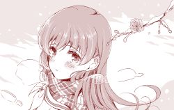 Rule 34 | 10s, 1girl, blush, branch, breath, flower, footprints, from above, kantai collection, komi zumiko, long hair, looking at viewer, monochrome, ooi (kancolle), scarf, school uniform, snow, solo, winter, winter clothes