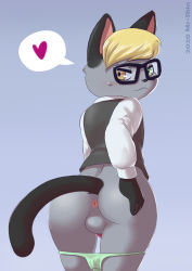 Rule 34 | 1boy, :&lt;, animal crossing, animal ears, anus, ass, blonde hair, blue background, bottomless, cat ears, cat tail, furry, furry male, glasses, green eyes, heart, heterochromia, highres, jacket, looking at viewer, looking back, male focus, nintendo, panties, panty pull, penis, presenting, raymond (animal crossing), shinsuke, shirt, smile, spoken heart, spread ass, standing, tail, testicles, uncensored, underwear, wide hips, yellow eyes