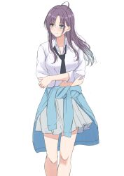 Rule 34 | 1girl, ahoge, alternate hair length, alternate hairstyle, asakura toru, black necktie, blue cardigan, blue hair, blush, cardigan, cardigan around waist, closed mouth, clothes around waist, collarbone, collared shirt, feet out of frame, gradient hair, green eyes, grey skirt, highres, holding own arm, idolmaster, idolmaster shiny colors, light blue hair, long hair, long sleeves, looking to the side, multicolored hair, nakonako, necktie, pleated skirt, school uniform, shirt, sidelocks, simple background, skirt, sleeves rolled up, solo, standing, white background, white shirt