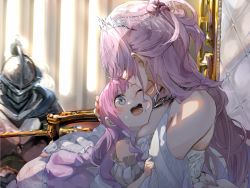 Rule 34 | 1other, 2girls, age difference, armor, bare shoulders, breasts, child, dress, earrings, frilled dress, frills, funi mu9, hair ornament, hand on another&#039;s head, helmet, highres, himemori luna, himemori luna (1st costume), hololive, hug, jewelry, kiss, kneeling, knight, long hair, medium breasts, medium hair, mother and daughter, multiple girls, one eye closed, onee-loli, open mouth, pink hair, puffy sleeves, sitting, smile, tears, throne, throne room, tiara, virtual youtuber, wavy hair, yuri
