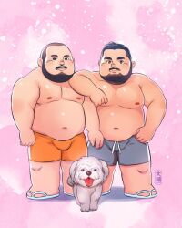 Rule 34 | 2boys, abs, arm on another&#039;s shoulder, bara, beard, big belly, blush, bulge, buzz cut, couple, daisukebear, deformed, dog, facial hair, fat, fat man, full body, grey shorts, hand on own hip, highres, large pectorals, looking at viewer, male focus, mature male, multiple boys, muscular, muscular male, navel, nipples, orange shorts, original, pectorals, pink background, receding hairline, sandals, short hair, shorts, standing, stomach, thick mustache, topless male, very short hair, yaoi