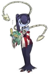 Rule 34 | 1girl, bare shoulders, blue hair, blue skin, colored skin, detached collar, detached sleeves, gats (nougats), hair over one eye, leviathan (skullgirls), long hair, long skirt, maggot, no shoes, reverge labs, side ponytail, skirt, skull, skullgirls, socks, solo, squigly (skullgirls), stitched mouth, stitches, striped clothes, striped legwear, striped sleeves, striped socks, stuffed animal, stuffed toy, teddy bear, zombie
