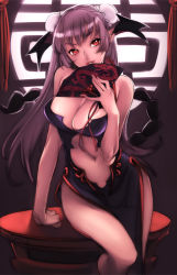 Rule 34 | 1girl, bad id, bad pixiv id, breasts, bun cover, china dress, chinese clothes, cleavage, double bun, dress, hair bun, hand fan, head wings, large breasts, long hair, midriff, naughty face, navel, nishieda, original, pointy ears, red eyes, solo, wings