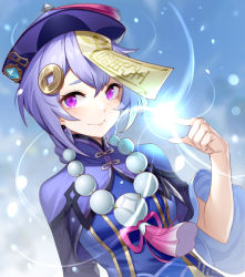 Rule 34 | 1girl, absurdres, bead necklace, beads, blue eyes, blush, braid, braided ponytail, chinese clothes, genshin impact, hair ornament, highres, jewelry, looking at viewer, necklace, aged up, purple eyes, purple hair, qiqi (genshin impact), smile, solo, upper body, wide sleeves, yin lan xue