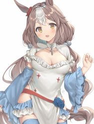 Rule 34 | animal ears, blush, breasts, brown eyes, brown hair, cleavage, collarbone, commentary request, detached sleeves, flower, highres, horse ears, horse girl, horse tail, looking at viewer, low twintails, medium breasts, open mouth, oshage (osyage921), simple background, tail, twintails, umamusume, white background, yamanin zephyr (umamusume)