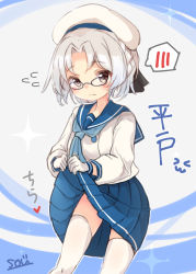 Rule 34 | 1girl, aqua neckwear, blue sailor collar, blue skirt, blush, character name, closed mouth, clothes lift, flying sweatdrops, glasses, gloves, hat, heart, hirato (kancolle), kantai collection, lifted by self, long sleeves, pleated skirt, sailor collar, school uniform, serafuku, short hair, silver hair, simple background, skirt, skirt lift, solo, sou (soutennkouchi), sparkle, spoken blush, thighhighs, white gloves, white hat, white thighhighs