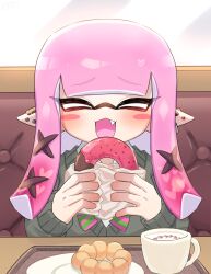 Rule 34 | 1girl, amakusa setoka, closed eyes, commentary request, cup, doughnut, eyelashes, fang, food, gradient hair, heart, highres, holding, holding food, inkling, inkling girl, inkling player character, long hair, multicolored hair, nintendo, open mouth, pink eyes, pointy ears, sitting, solo, splatoon (series), tentacle hair