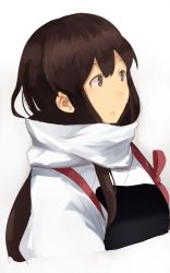 Rule 34 | 10s, 1girl, :o, akagi (kancolle), ashiwara yuu, brown eyes, brown hair, japanese clothes, kantai collection, long hair, muneate, non-web source, open mouth, scarf, shibafu (glock23), simple background, solo, source request, white background