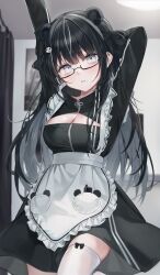 Rule 34 | 1girl, absurdres, animal ears, apron, arms up, black dress, black hair, breasts, cleavage, cleavage cutout, clothing cutout, colored inner hair, commentary, dress, frilled apron, frills, glasses, grey eyes, grey hair, highres, holding own arm, knowa, looking at viewer, maid, maid apron, medium breasts, mole, mole on breast, mole under mouth, multicolored hair, original, panda ears, panda girl, sidelocks, solo, thighhighs, white apron, white thighhighs