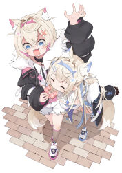 Rule 34 | 2girls, :3, absurdres, animal ears, arm up, bandaid, bandaid hair ornament, belt collar, black collar, blonde hair, blue eyes, blue hair, closed eyes, closed mouth, collar, cropped jacket, cropped shirt, dog ears, dog girl, dog tail, doughnut, dress, fishnet socks, fishnets, food, food theft, frilled shorts, frills, fur-trimmed jacket, fur trim, fuwawa abyssgard, fuwawa abyssgard (1st costume), hair ornament, hairpin, highres, holding doughnut, hololive, hololive english, jacket, mococo abyssgard, mococo abyssgard (1st costume), multicolored hair, multiple girls, open mouth, pink eyes, pink hair, pon de ring, shoes, short dress, short shorts, shorts, siblings, sidelocks, sisters, sneakers, socks, spiked collar, spikes, streaked hair, tail, twins, two side up, ure 58n, virtual youtuber, white background, white dress, white footwear, x hair ornament