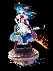 Rule 34 | 1girl, ;), black background, black headwear, blouse, blue hair, blue skirt, boots, bow, bowtie, brown footwear, food, fruit, full body, highres, hinanawi tenshi, holding, holding sword, holding weapon, keystone, kozumi (tokuni naitteba), leaf, long hair, looking at viewer, no lineart, one eye closed, peach, red bow, red bowtie, red eyes, rope, shimenawa, shirt, simple background, skirt, smile, solo, standing, sword, sword of hisou, touhou, weapon, white shirt