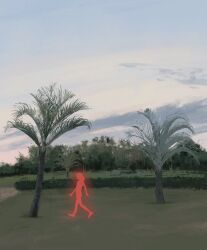 Rule 34 | 1girl, blue sky, bush, cloud, commentary, day, english commentary, glowing, grass, highres, kgeroua, original, outdoors, palm tree, scenery, sky, solo, tree