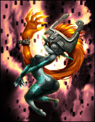 Rule 34 | 1girl, arched back, ass, blue skin, breasts, colored sclera, colored skin, covered erect nipples, glowing markings, helmet, highres, living hair, long hair, low-tied long hair, midna, neon trim, nintendo, nipples, one eye covered, open mouth, orange hair, parted lips, pointy ears, prehensile hair, red eyes, small breasts, smile, solo, the legend of zelda, the legend of zelda: twilight princess, v arms, very long hair, yellow sclera, yuqoi