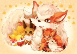 Rule 34 | :3, animal focus, arcanine, bad id, bad pixiv id, banchiku, brown eyes, claws, closed mouth, creatures (company), eevee, eye contact, fangs, fennekin, fluffy, game freak, gen 1 pokemon, gen 6 pokemon, happy, looking at another, lying, nintendo, no humans, on stomach, open mouth, pokemon, pokemon (creature), red eyes, red hair, skin fangs, smile, star (symbol), starry background, stuffed animal, stuffed toy, teddy bear, vulpix, yellow background