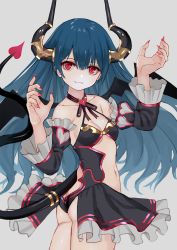 Rule 34 | 1girl, blue hair, demon, demon girl, demon horns, demon tail, demon wings, detached sleeves, fang, fang out, fingernails, grey background, highres, horns, long hair, nail, nail polish, navel, original, red eyes, ruisento, sharp fingernails, simple background, solo, tail, wings