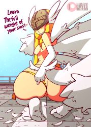Rule 34 | 1girl, angel wings, angewomon, animated, animated gif, anus, ass, blonde hair, blush, breasts, cleft of venus, covered eyes, digimon, digimon (creature), digimon adventure, diives, english text, facing viewer, gloves, heart, helmet, highres, huge ass, long hair, looking back, medium breasts, multiple wings, nipples, nude, outdoors, pussy, pussy juice, seiza, sitting, solo, thighhighs, uncensored, white thighhighs, wings