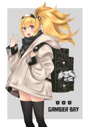 Rule 34 | 1girl, :o, backpack, bad id, bad pixiv id, bag, black thighhighs, blonde hair, blue eyes, character doll, character name, coat, escort water princess, gambier bay (kancolle), hair ornament, hairband, itsuwa (continue), kantai collection, long hair, penguin hair ornament, side ponytail, solo, thighhighs