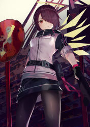 Rule 34 | 1girl, arknights, arrow (symbol), black pantyhose, black skirt, blush, breasts, brick wall, brown hair, closed mouth, commentary request, exusiai (arknights), fingerless gloves, gloves, grey gloves, gun, hair over one eye, halo, highres, holding, holding gun, holding weapon, jacket, pantyhose, red eyes, road sign, short sleeves, sign, skirt, small breasts, smile, solo, standing, tetsubuta, weapon, white jacket, wings, yellow wings