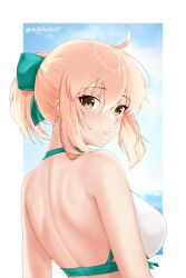 Rule 34 | 1girl, ahoge, back, bikini, blonde hair, breasts, cloud, commentary request, fate/grand order, fate (series), from behind, green ribbon, hair between eyes, hair ribbon, highres, looking at viewer, medium breasts, motokebo17, official alternate costume, okita j. souji (fate), okita j. souji (third ascension) (fate), okita souji (fate), ponytail, ribbon, short hair, solo, swimsuit, twitter username, white bikini