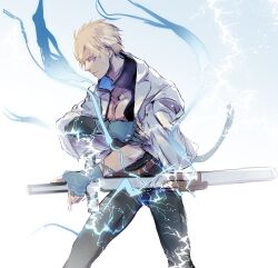 Rule 34 | 1boy, abs, belt, black pants, black shirt, blonde hair, blue eyes, blue gloves, brown belt, collared jacket, collared shirt, commentary, drawing sword, fingerless gloves, gloves, guilty gear, guilty gear strive, hand on own arm, holding, holding sword, holding weapon, jacket, ky kiske, lightning, long sleeves, looking down, open clothes, open shirt, pants, ranko no ane, sheath, shirt, short hair, sword, v-shaped eyebrows, weapon, white jacket, wide sleeves