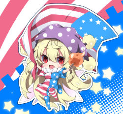 Rule 34 | 1girl, :d, american flag, american flag dress, american flag legwear, asymmetrical legwear, blonde hair, blush, breasts, clownpiece, commentary request, dress, fang, flag, hair between eyes, hat, holding, holding flag, holding torch, horizontal-striped dress, jester cap, long hair, medium breasts, milkpanda, mismatched legwear, neck ruff, open mouth, pantyhose, print dress, print thighhighs, red eyes, smile, solo, star (symbol), star print, striped clothes, striped dress, striped pantyhose, striped thighhighs, thighhighs, torch, touhou, very long hair