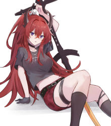 Rule 34 | 1girl, arknights, arm support, belt, black belt, black choker, black gloves, black shirt, breasts, choker, commentary, cross, cross necklace, feet out of frame, gloves, hair between eyes, highres, horns, jewelry, kneehighs, large breasts, long hair, looking at viewer, multico, necklace, official alternate costume, open mouth, purple eyes, red hair, shirt, short sleeves, simple background, single glove, sitting, skirt, socks, solo, surtr (arknights), surtr (liberte echec) (arknights), sword, thigh strap, thighs, very long hair, weapon, white background