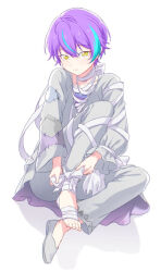 Rule 34 | 1boy, aged down, bandaged foot, bandages, blue hair, bow, closed mouth, commentary, english commentary, full body, grey footwear, grey pants, kamishiro rui, long sleeves, looking at viewer, male focus, multicolored hair, pants, patchwork clothes, project sekai, purple hair, sekai yoni, short hair, sitting, solo, streaked hair, two-tone hair, white background, yellow eyes