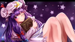 Rule 34 | 1girl, book, capelet, closed mouth, commentary request, crescent, crescent hat ornament, dress, feet out of frame, frilled capelet, frilled dress, frills, frown, hat, hat ornament, highres, holding, holding book, letterboxed, long sleeves, looking at viewer, mahoro (minase mahoro), mob cap, one eye closed, patchouli knowledge, pink capelet, pink dress, pink hat, purple background, purple eyes, purple hair, purple theme, solo, striped clothes, striped dress, touhou, vertical-striped clothes, vertical-striped dress