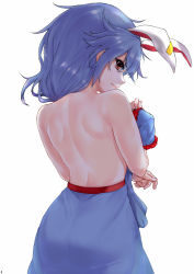 Rule 34 | 1girl, animal ears, back, bad id, bad pixiv id, blue hair, blue skirt, rabbit ears, closed mouth, covering privates, cowboy shot, earclip, extra ears, frills, from behind, looking at viewer, looking back, profile, red eyes, see-through silhouette, seiran (touhou), unworn shirt, simple background, skirt, skirt set, solo, sudako (dai011305), topless, touhou, white background