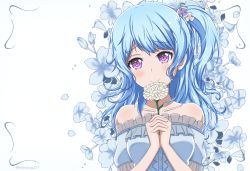 Rule 34 | 1girl, absurdres, bang dream!, bare shoulders, blue dress, blue hair, blush, breasts, collarbone, commentary request, dress, floral background, flower, frilled dress, frilled sleeves, frills, green ribbon, hair ribbon, highres, holding, holding flower, light blue hair, long hair, looking at viewer, matsubara kanon, medium breasts, off-shoulder dress, off shoulder, one side up, purple eyes, reneua, ribbon, short sleeves, sidelocks, simple background, smile, solo, twitter username, upper body, white background