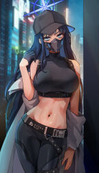 Rule 34 | 1girl, bare shoulders, baseball cap, black gloves, black hair, black mask, blue archive, blue eyes, breasts, coat, crop top, foxyreine, gloves, halo, hat, highres, large breasts, long hair, looking at viewer, mask, midriff, mouth mask, navel, off shoulder, patreon logo, revision, saori (blue archive), shirt, sleeveless, sleeveless shirt, solo, stomach, white coat