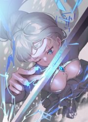 Rule 34 | 1girl, blue eyes, breasts, cleavage, highres, long hair, md5 mismatch, myrtenaster, ponytail, rapier, resolution mismatch, rwby, scar, scar across eye, scar on face, shiny skin, side ponytail, solo, source larger, sword, wangxiii, weapon, weiss schnee, white hair