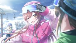Rule 34 | beanie, blurry, blurry background, brown hair, day, gloves, goggles, goggles on head, hat, highres, idolmaster, idolmaster shiny colors, idolmaster shiny colors song for prism, jacket, kuwayama chiyuki, long hair, looking at viewer, mountainous horizon, official art, one eye closed, open mouth, osaki amana, osaki tenka, outdoors, pink jacket, ski goggles, snow, snowboard, swept bangs, upper body, yellow eyes
